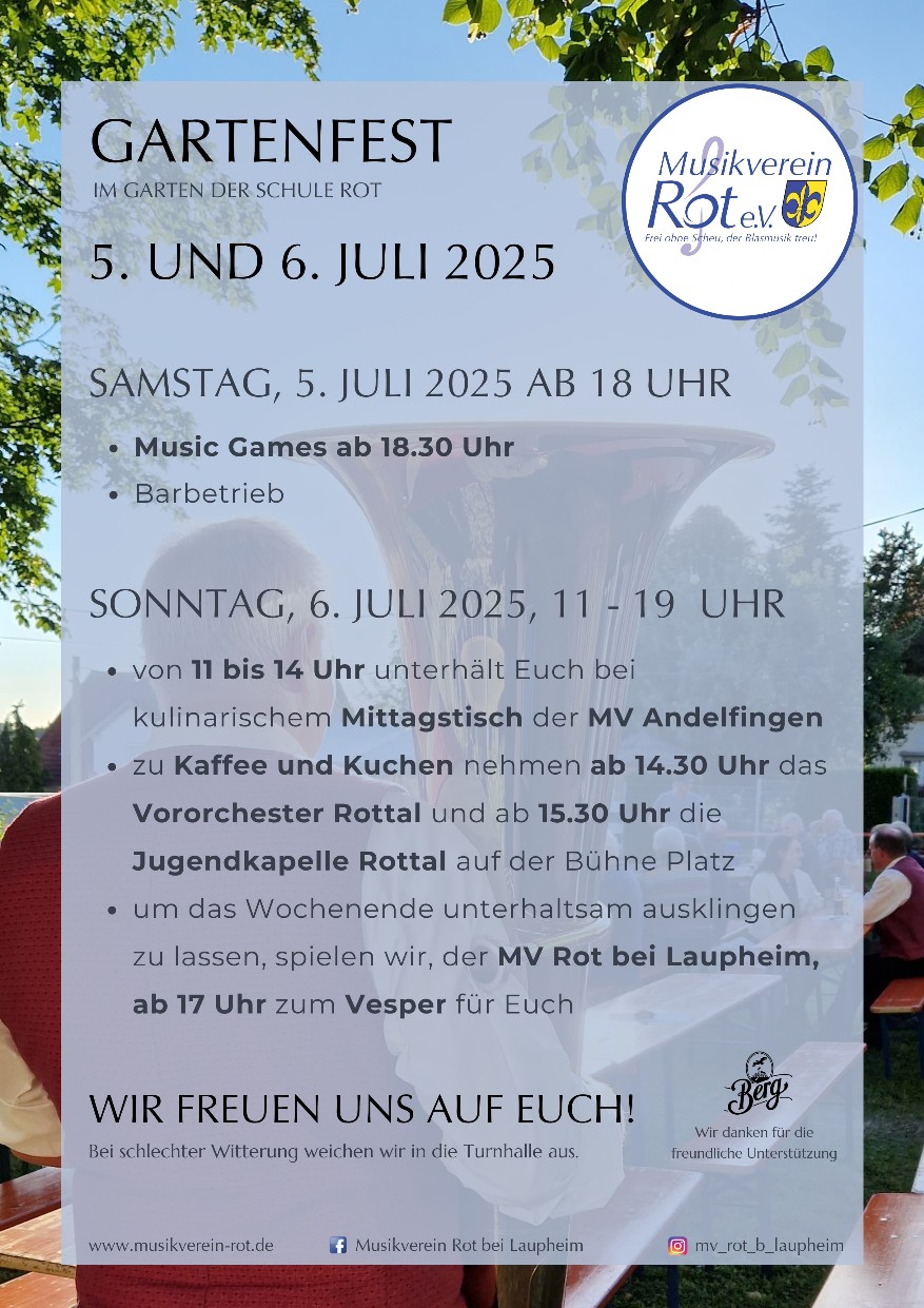 Gartenfest des Musikverein Rot bei Laupheim am 5. / 6. Juli 2025 Flyer Gartenfest des Musikverein Rot bei Laupheim 2025
