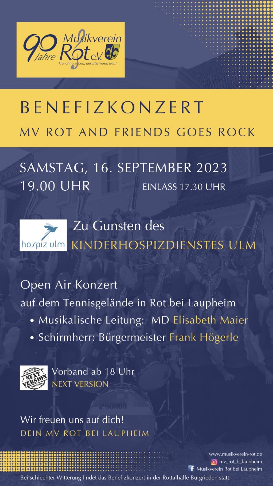 Benefizkonzert MV Rot and Friends goes Rock am Samstag, 16. September 2023 auf dem Tennisgelände in Rot bei Laupheim
