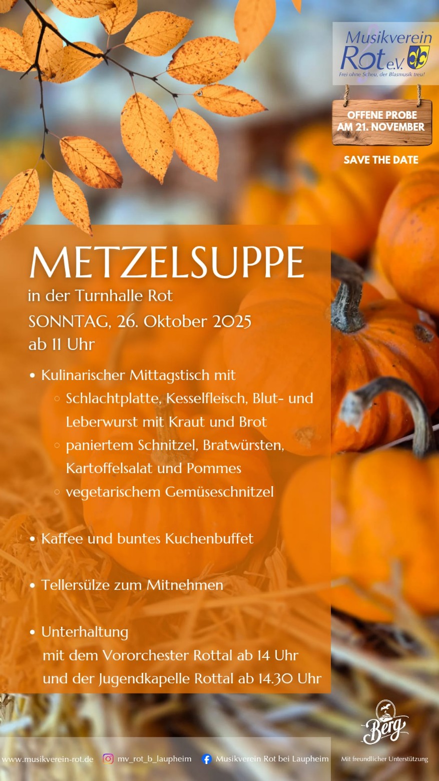 Metzelsuppe des Musikverein Rot bei Laupheim am 26. Oktober 2025 Flyer Metzelsuppe des Musikverein Rot bei Laupheim 2025